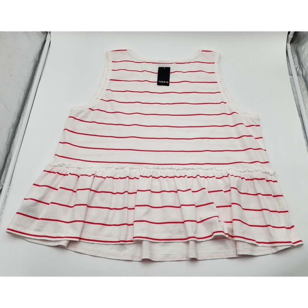 Torrid Tank Top Women 14-16 White Red NEW Striped Babydoll Peplum Ruffle Cotton - Picture 6 of 9